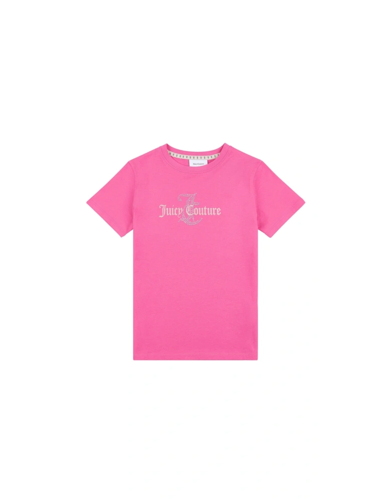 Girls Diamante Regular Short Sleeve T-shirt - Hot Pink