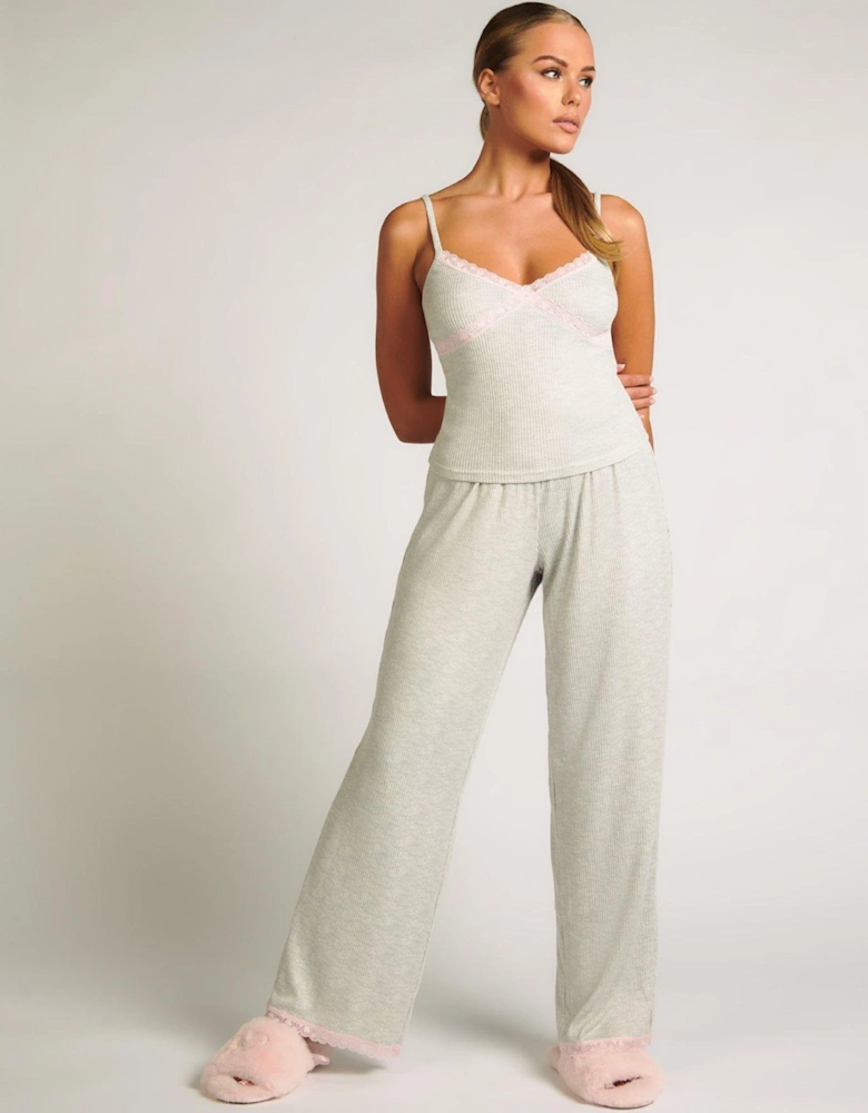 Rib Cross Over Lace Cami And Pant - Grey
