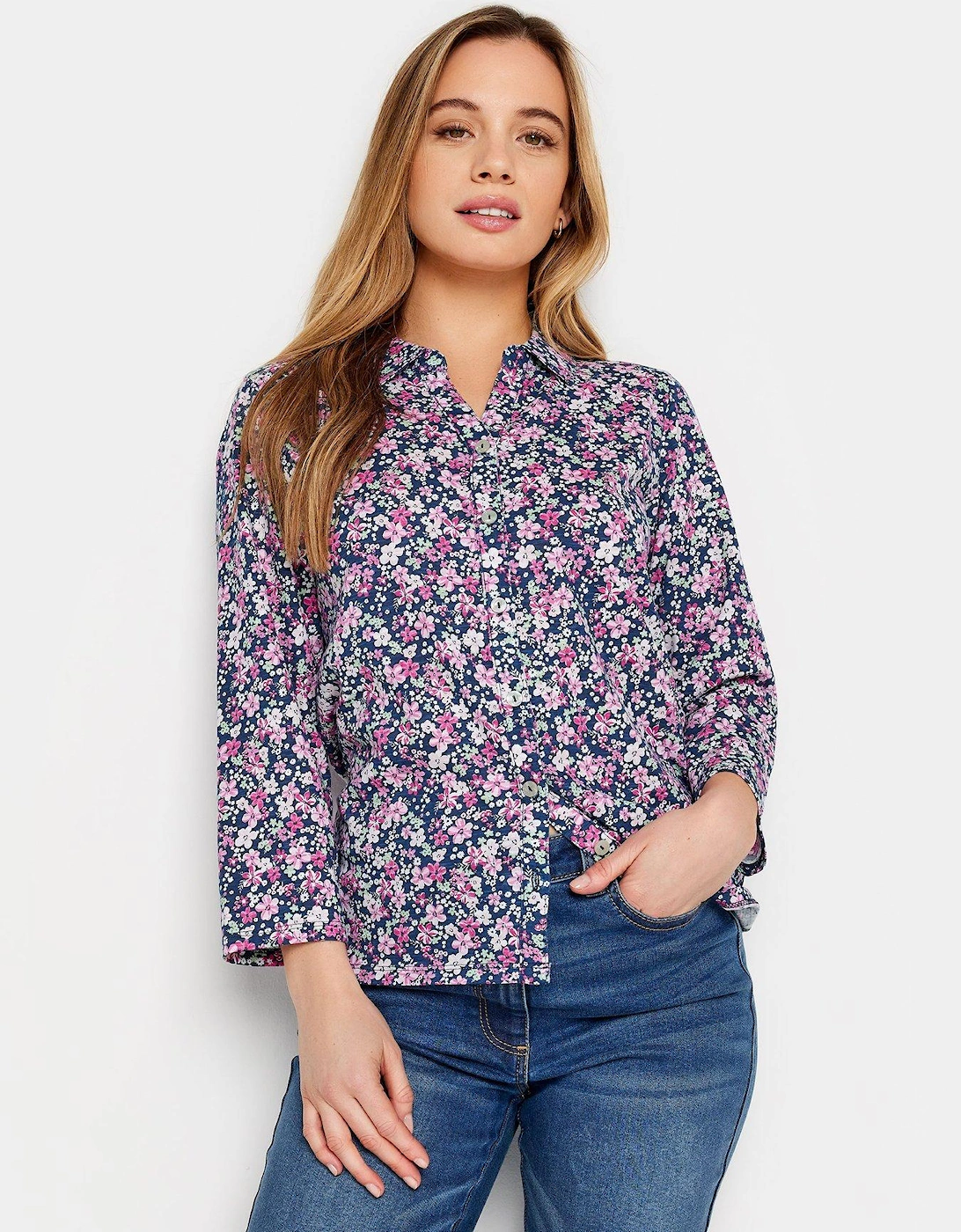 Petite Pink Mixed Ditsy Print Cotton Collared Shirt, 2 of 1