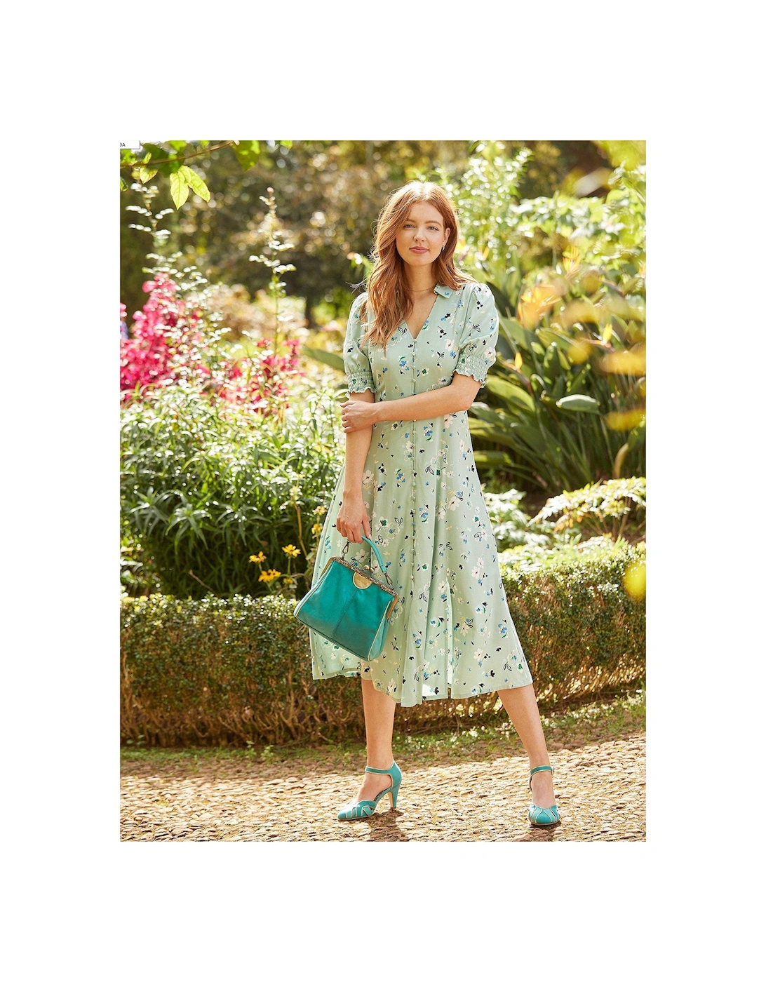 Button Front Floral Tea Dress - Green, 2 of 1