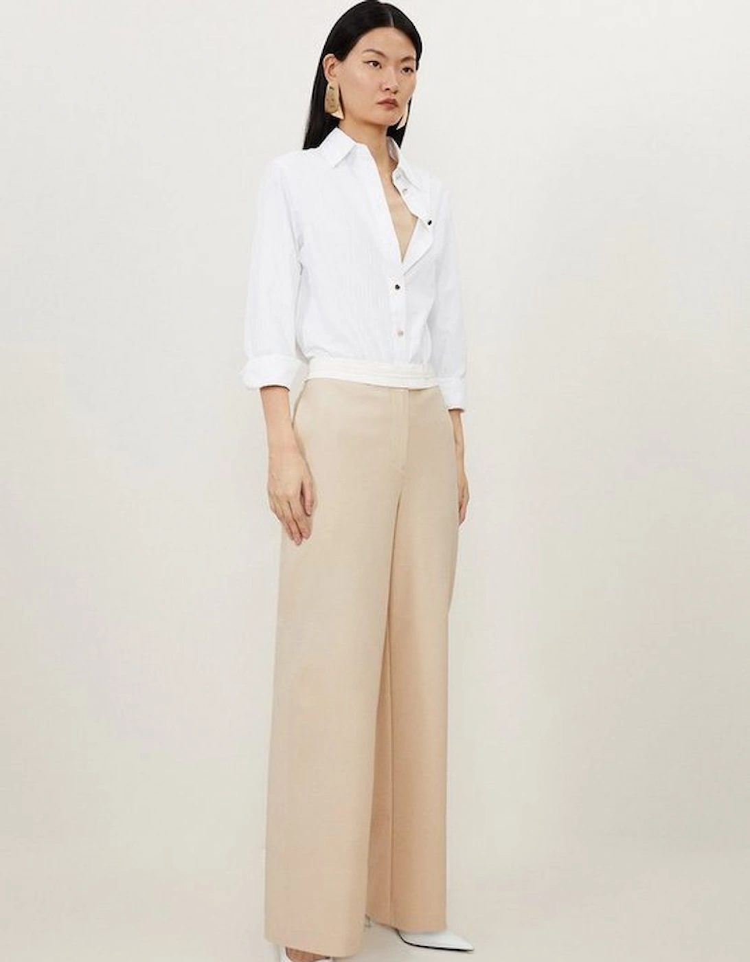 Contrast Waistband Techno Cotton Woven Wide Leg Trousers, 5 of 4