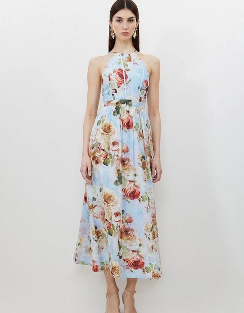 Silk Cotton Rose Print Halter Woven Maxi Dress