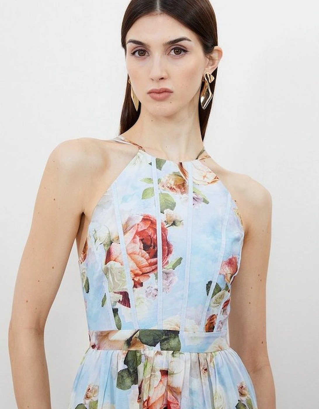 Silk Cotton Rose Print Halter Woven Maxi Dress