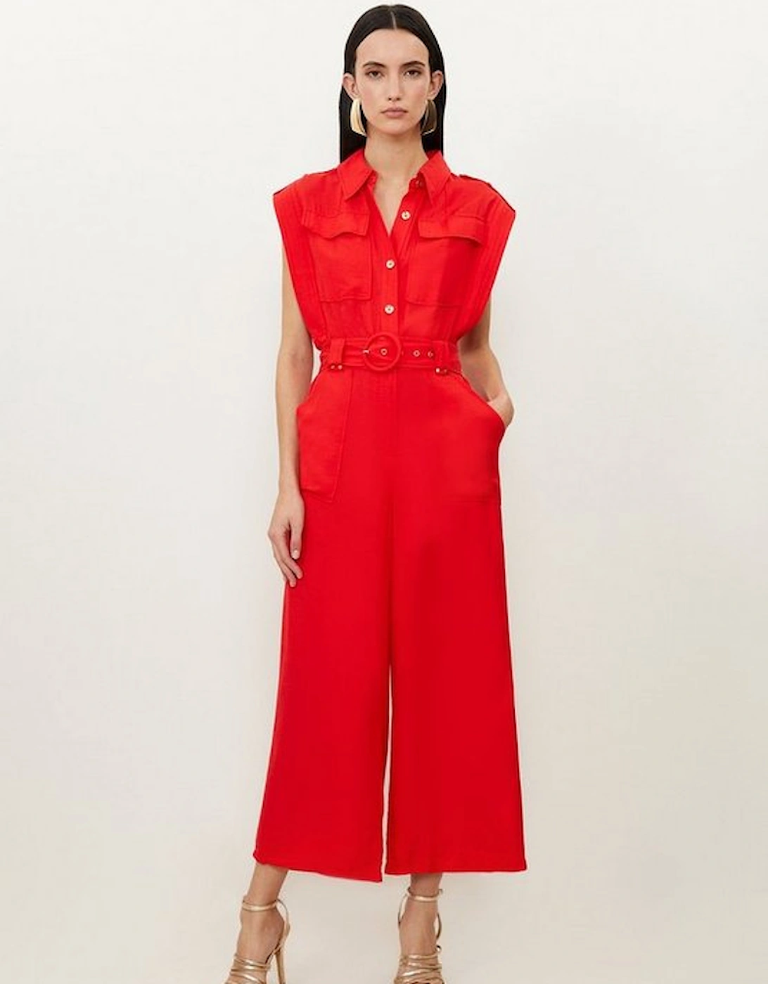 Premium Linen Viscose Topstitch Detail Utility Belted Woven Jumpsuit, 5 of 4