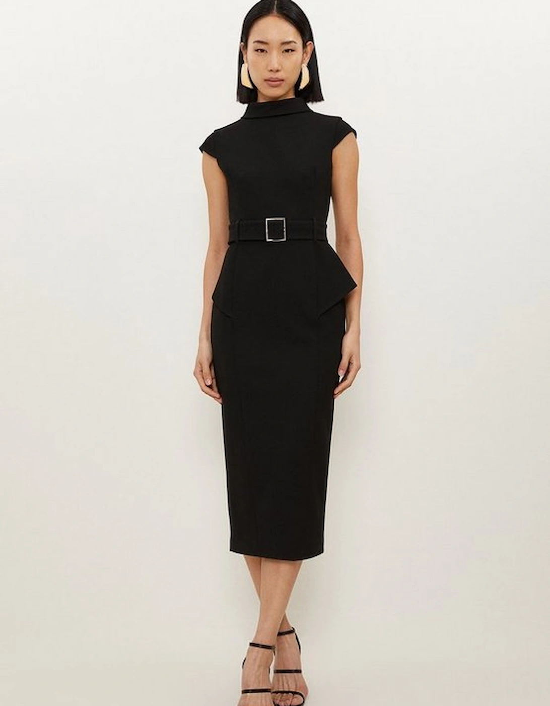 Structured Crepe Roll Neck Peplum Belted Midi Dress, 2 of 1