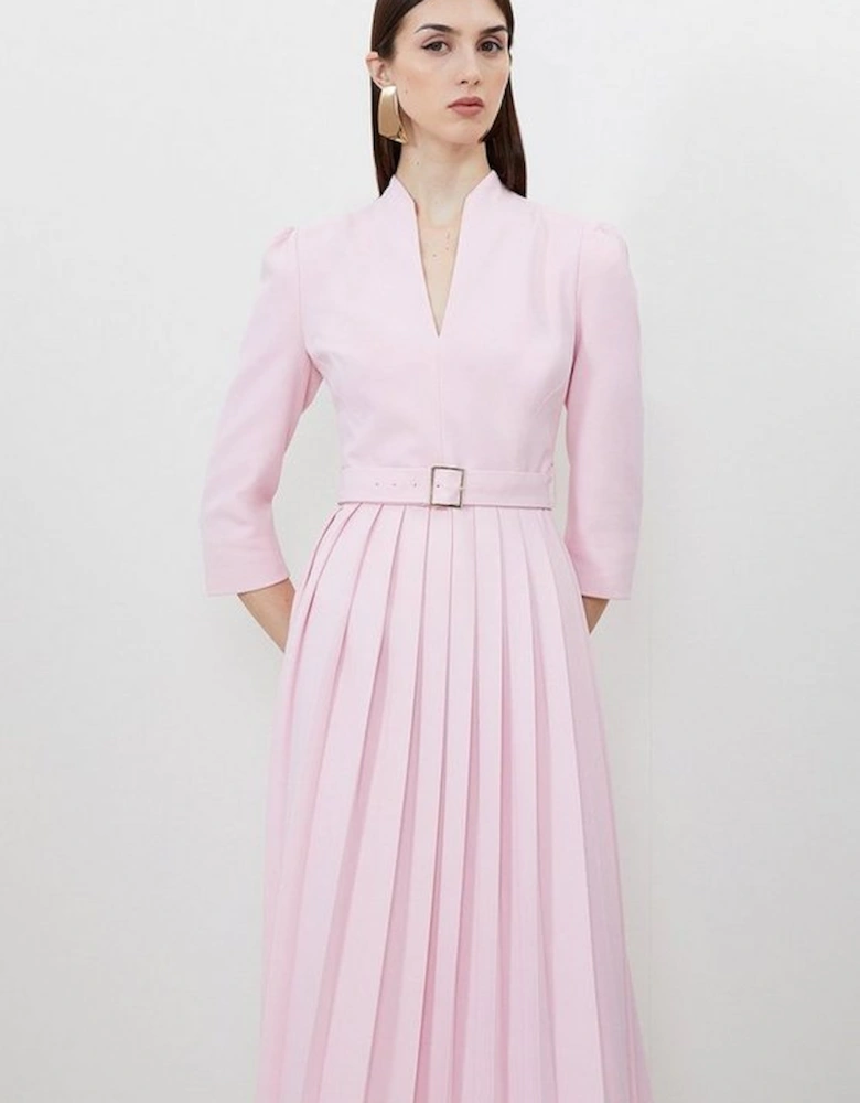 Petite Tailored Structured Crepe Pleated Midi Dress