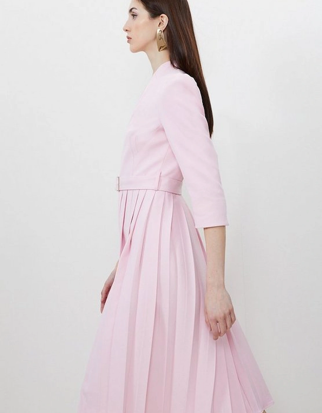 Petite Tailored Structured Crepe Pleated Midi Dress