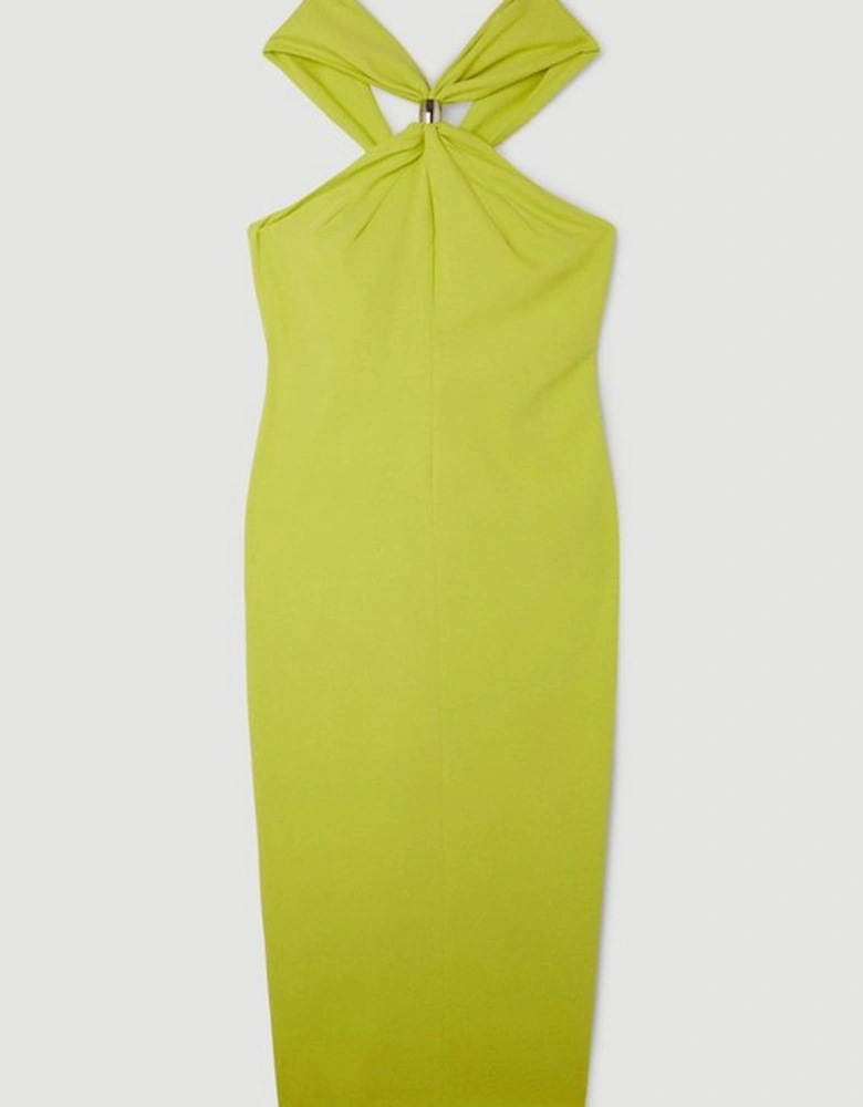 Soft Tailored Drape Halter Neck Midi Pencil Dress