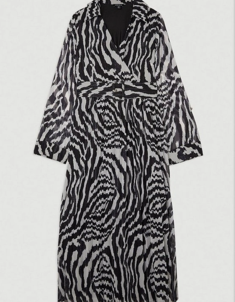 Mono Swirl Georgette Woven Belted Pleated Midi Dress