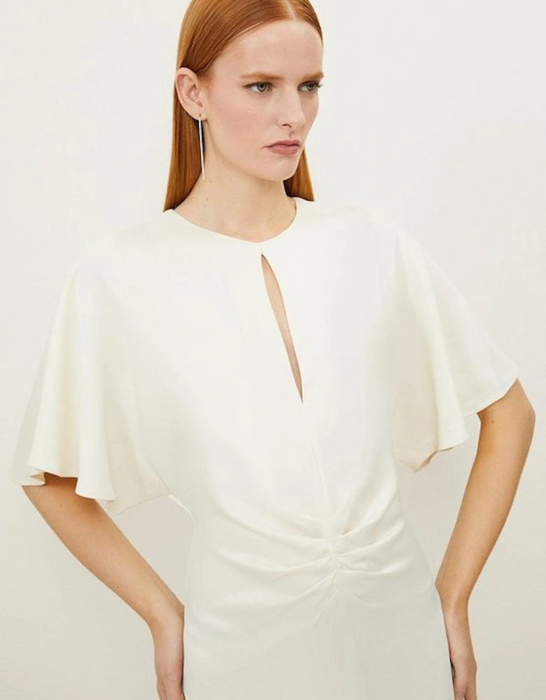 Satin Crepe Woven Angel Sleeve Midi Dress