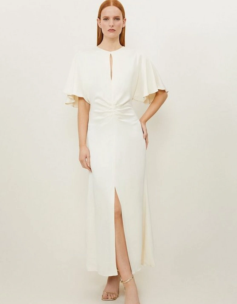 Satin Crepe Woven Angel Sleeve Midi Dress