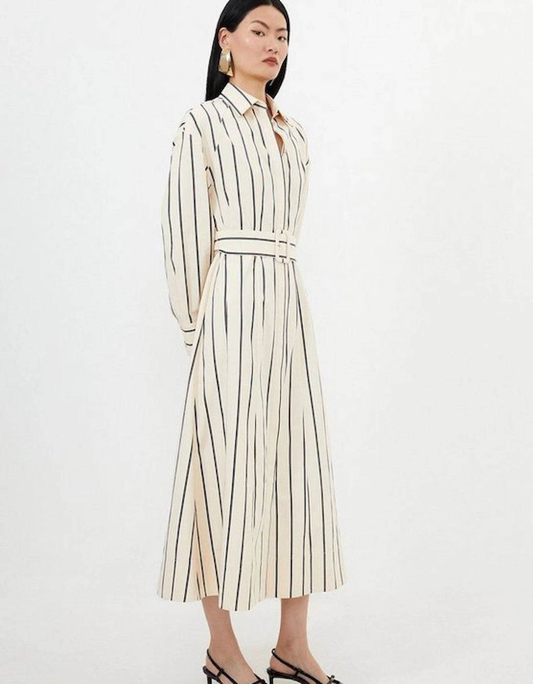 Cotton Stripe Belted Woven Shirt Dress