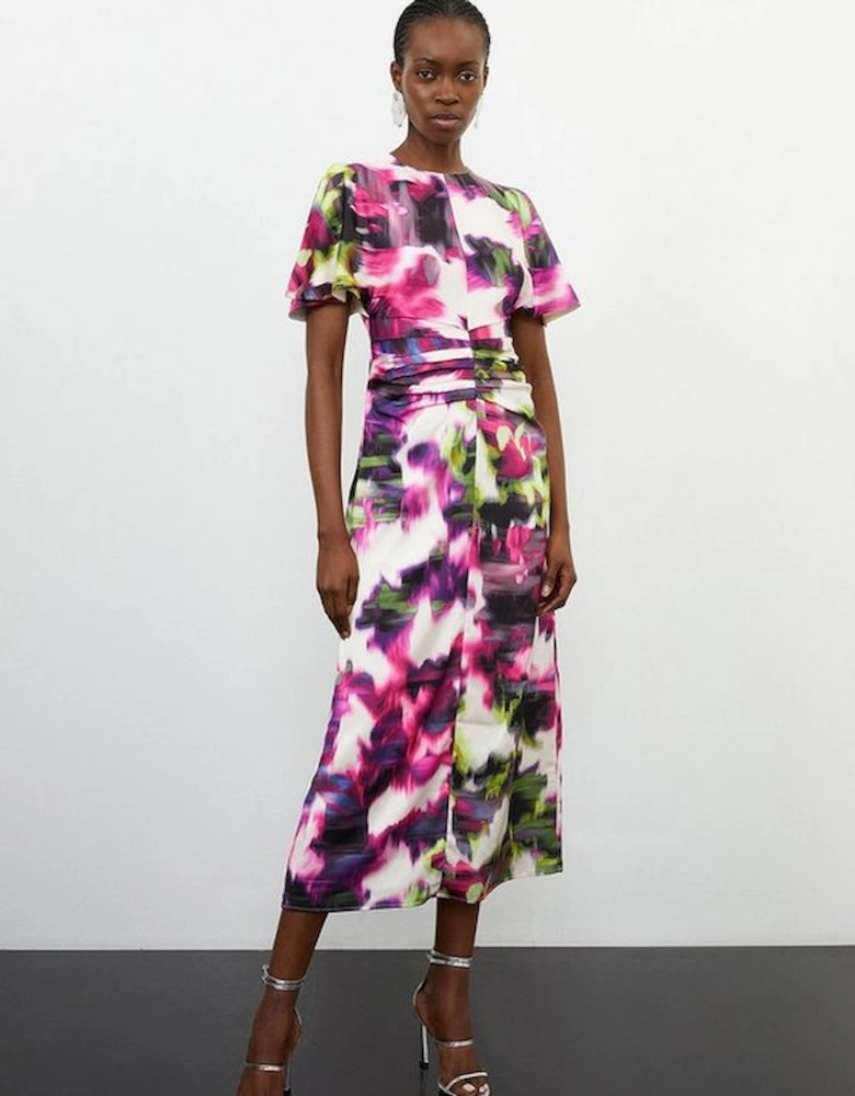 Satin Blurred Floral Print Woven Angel Sleeve Midi Dress