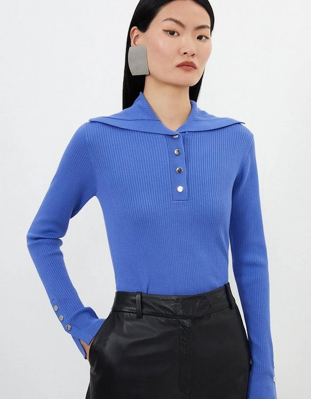 Viscose Blend Trimmed Collared Knit Top
