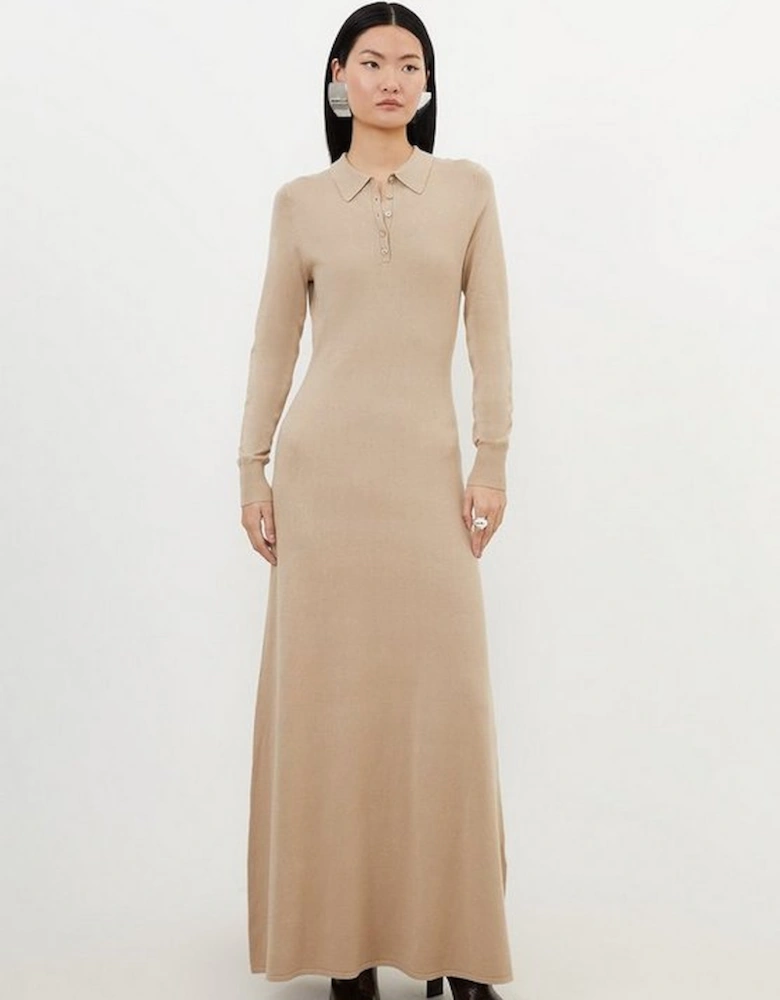 Viscose Blend Polo Knit Collar Maxi Dress