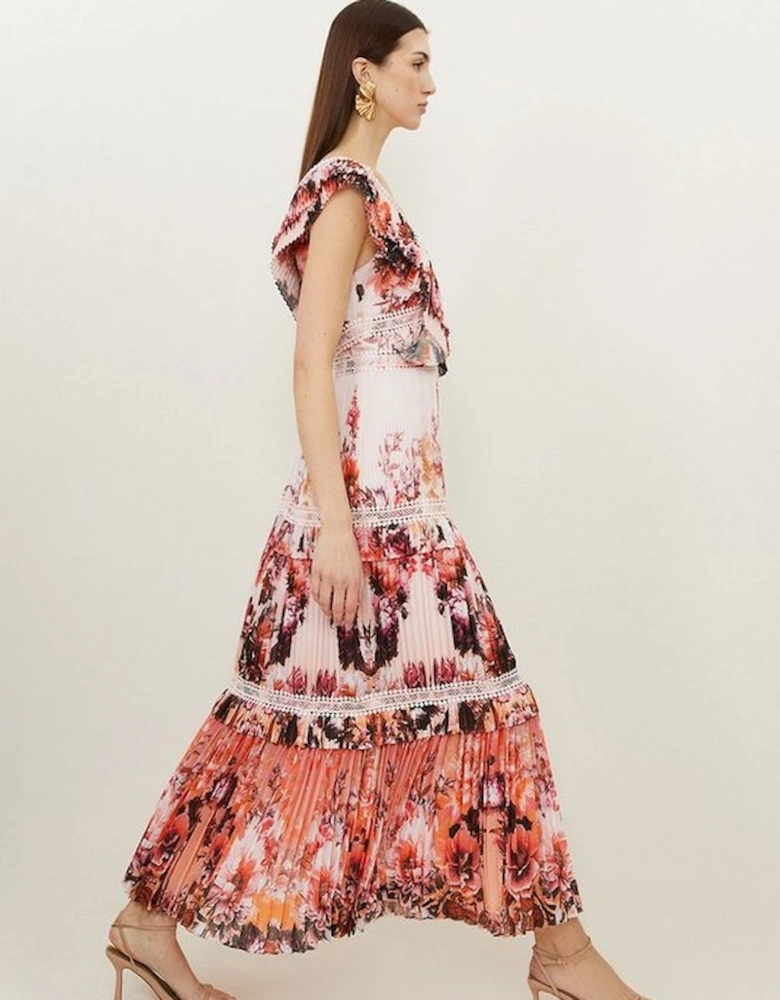 Petite Mirrored Floral Pleated Woven Sleeveless Maxi Dress