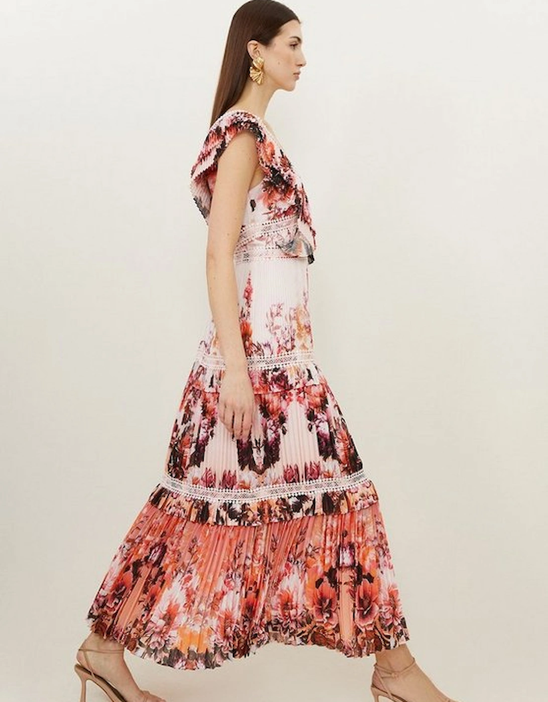 Mirrored Floral Print Pleated Woven Sleeveless Maxi Dress