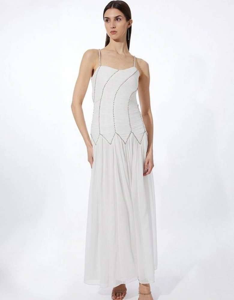 Strappy Embellished Ruched Georgette Woven Maxi Dress