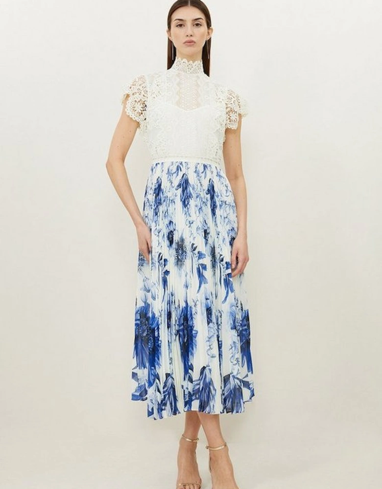 Guipure Lace Floral Print Woven Midi Dress