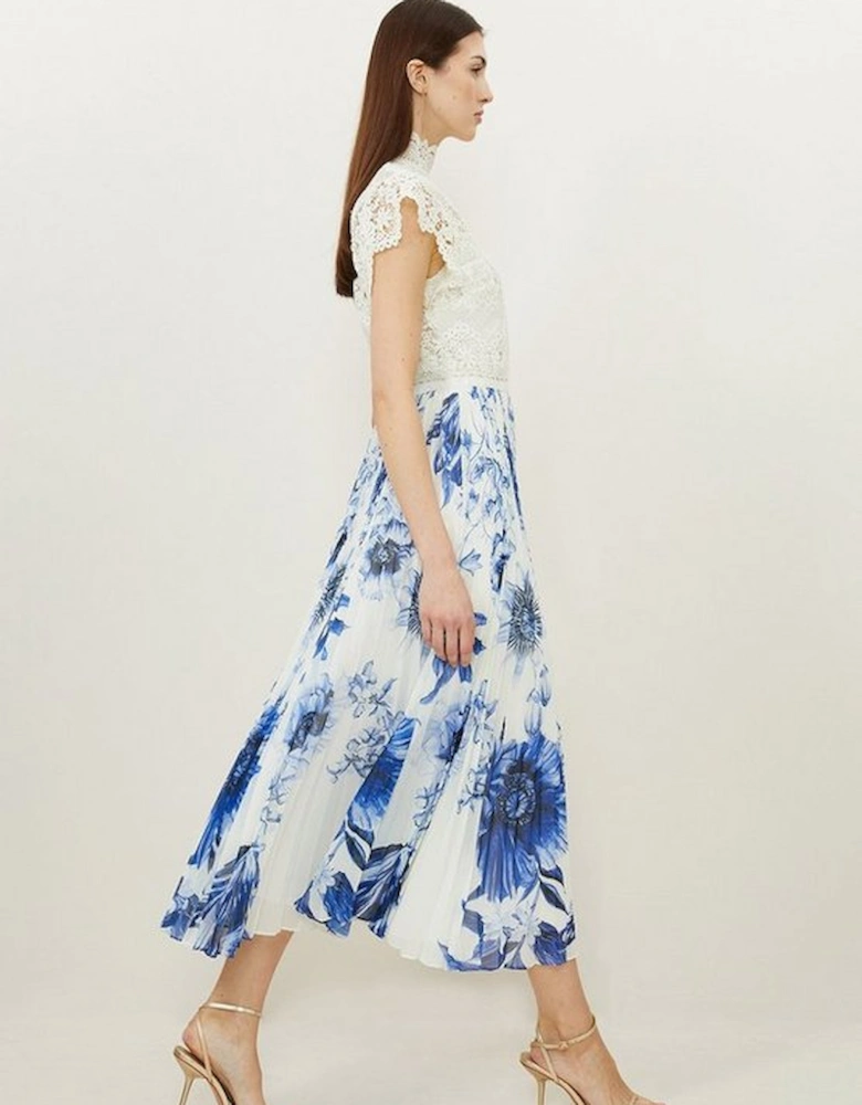 Guipure Lace Floral Print Woven Midi Dress