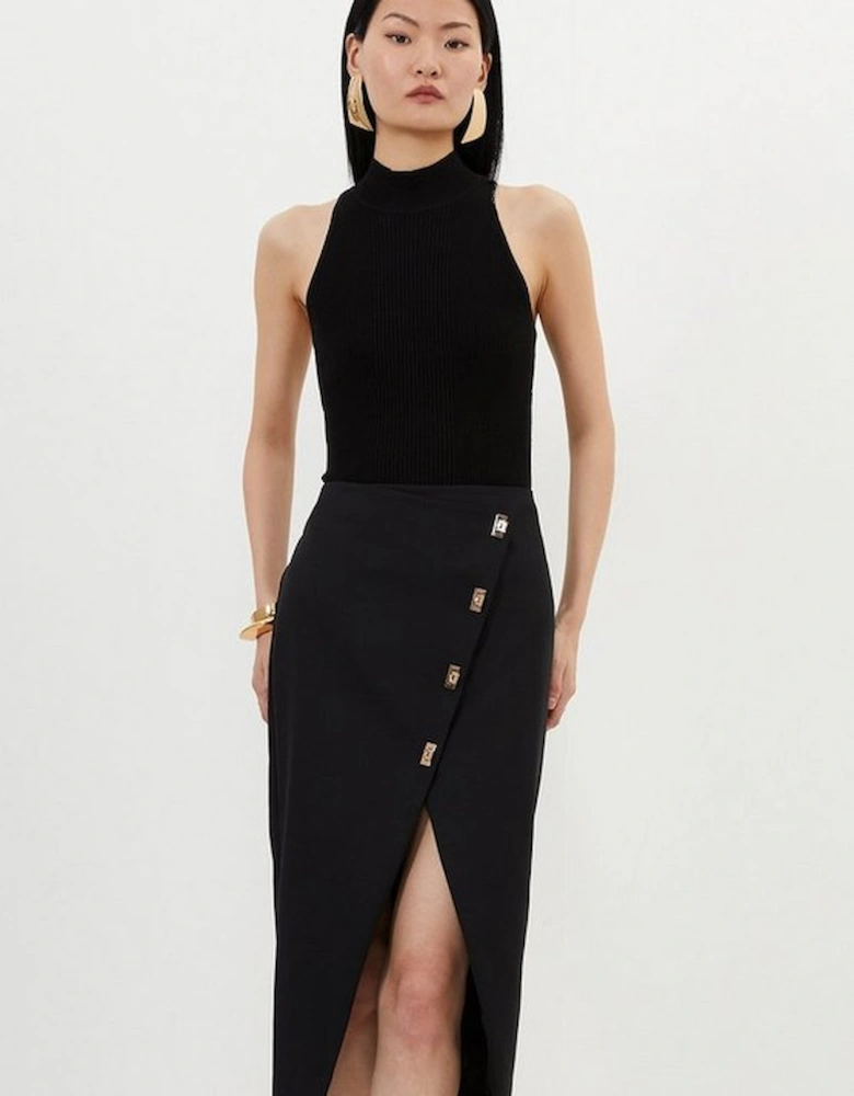 Techno Cotton Woven Pencil Skirt With Gold Clasp