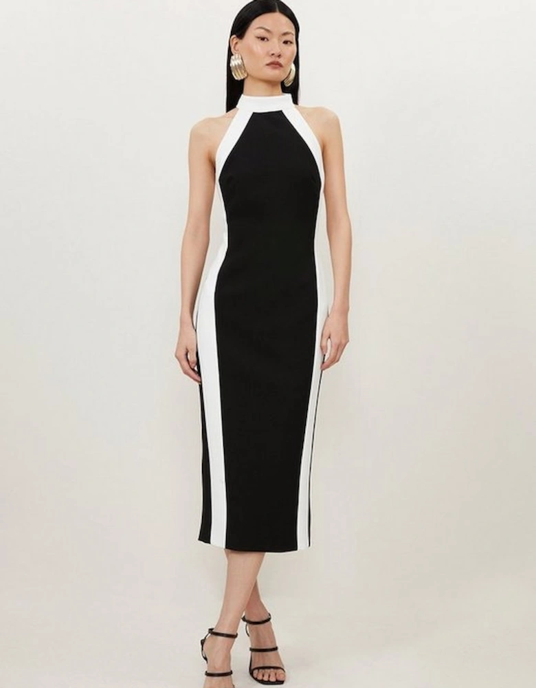 Compact Stretch Contrast Halter Neck Tailored Midi Dress