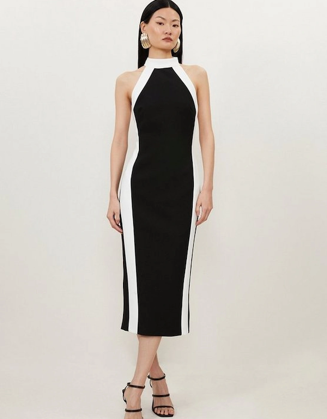 Compact Stretch Contrast Halter Neck Tailored Midi Dress, 5 of 4
