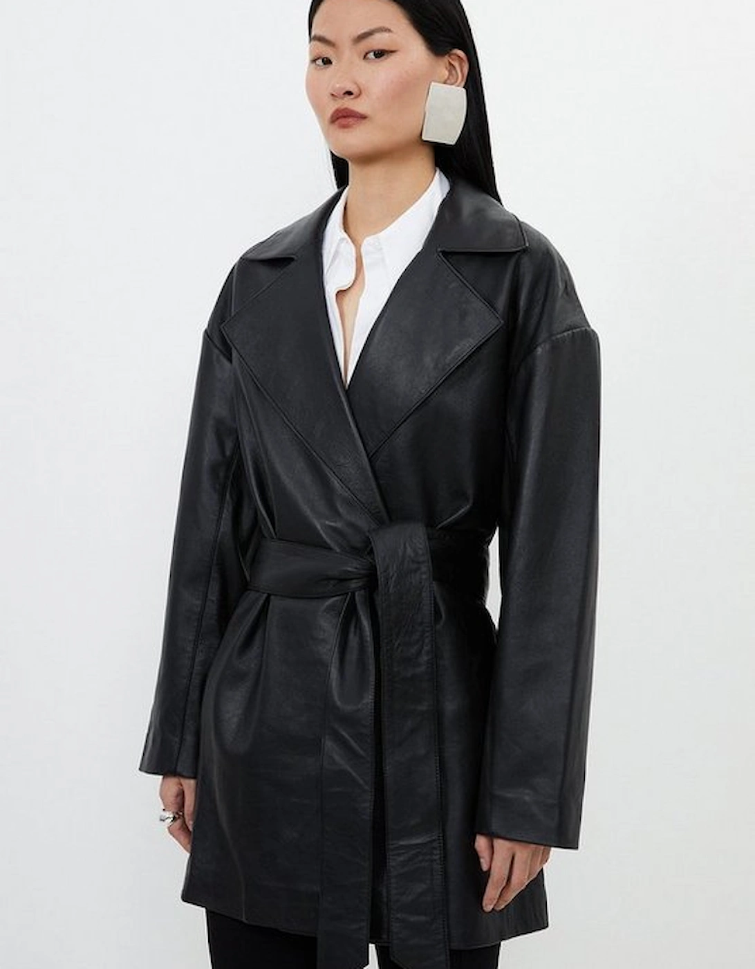 Leather Relaxed Fit Tailored Belted Coat, 5 of 4