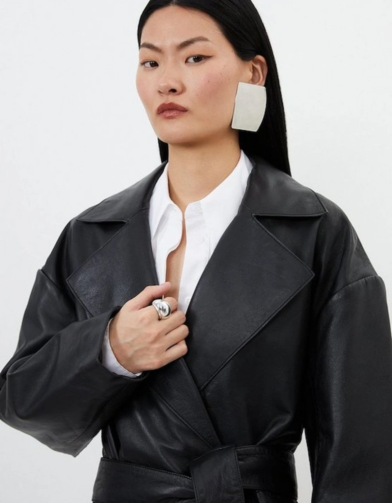 Leather Relaxed Fit Tailored Belted Coat