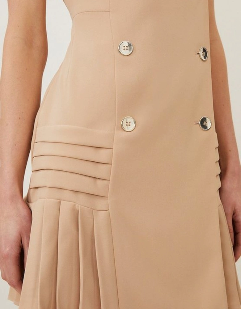 Pleated Button Detail Woven Sleeveless Mini Dress