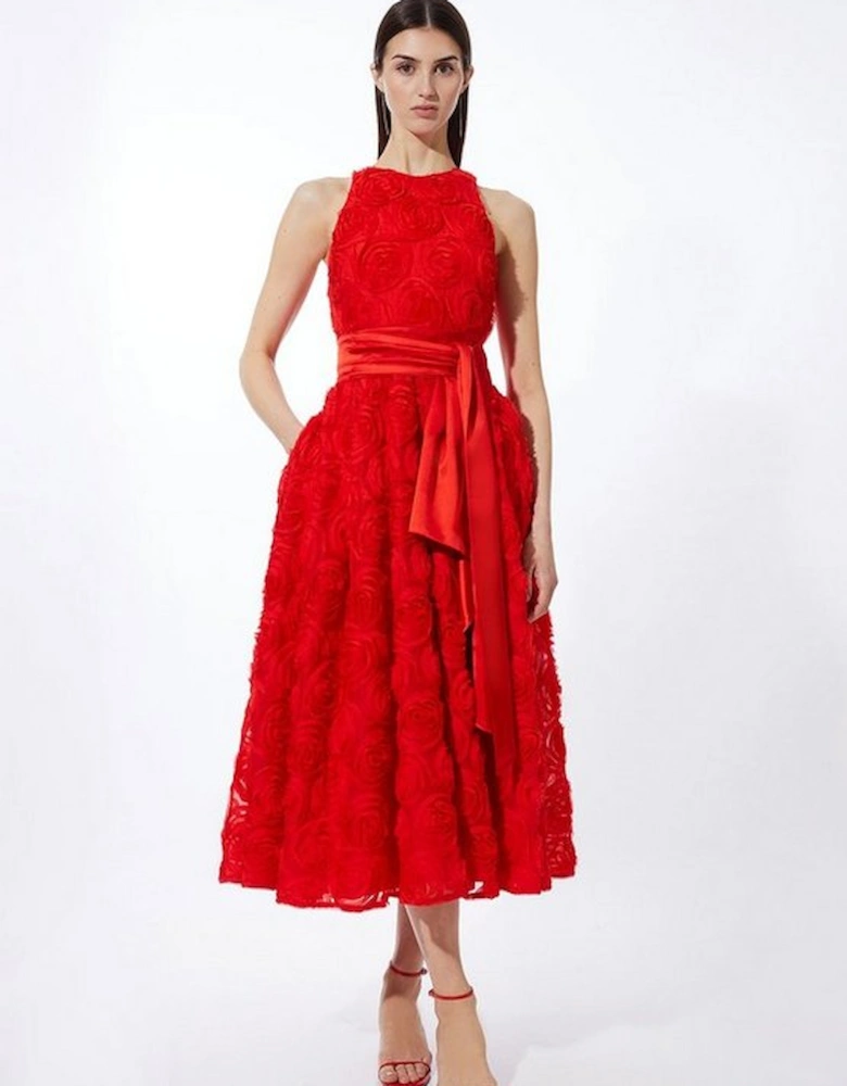 Romantic Rosette Texture Woven Prom Midi Dress