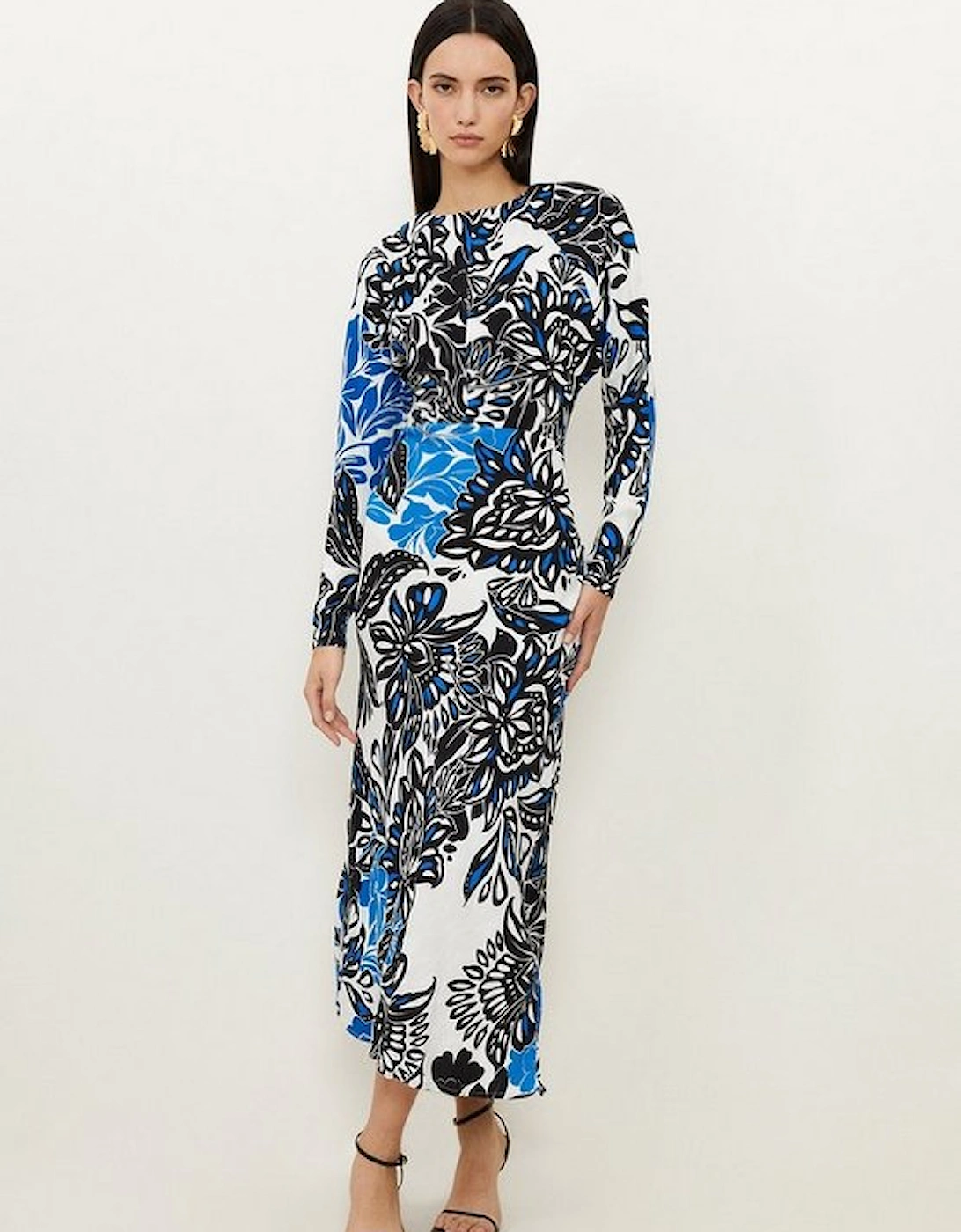 Floral Printed Morocain Woven Crew Neck Midaxi Dress, 5 of 4