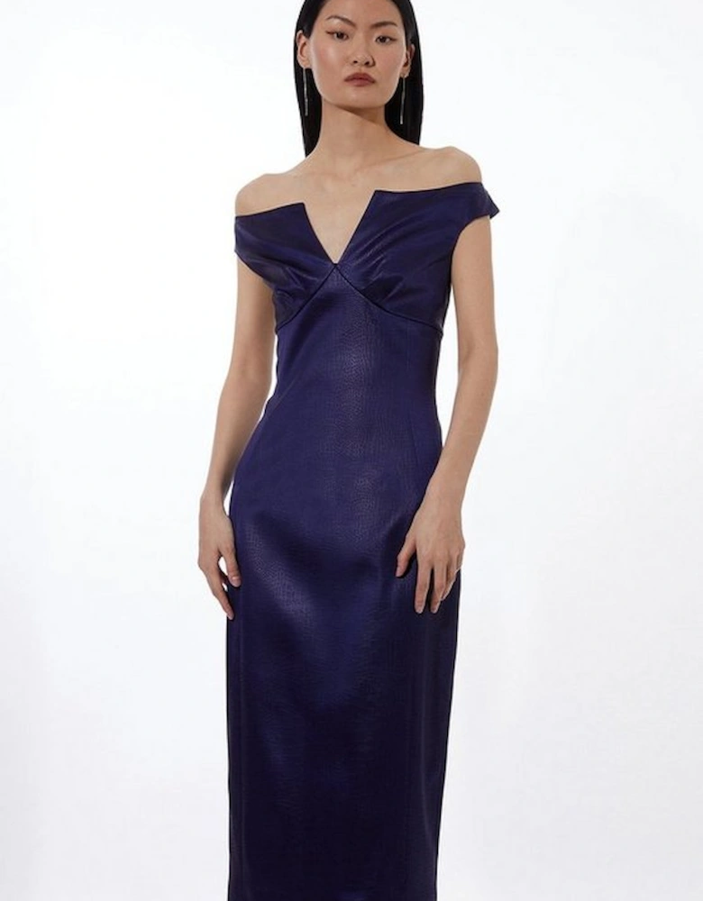 Italian Texture Satin Tailored Off Shoulder Panel Midi Dress