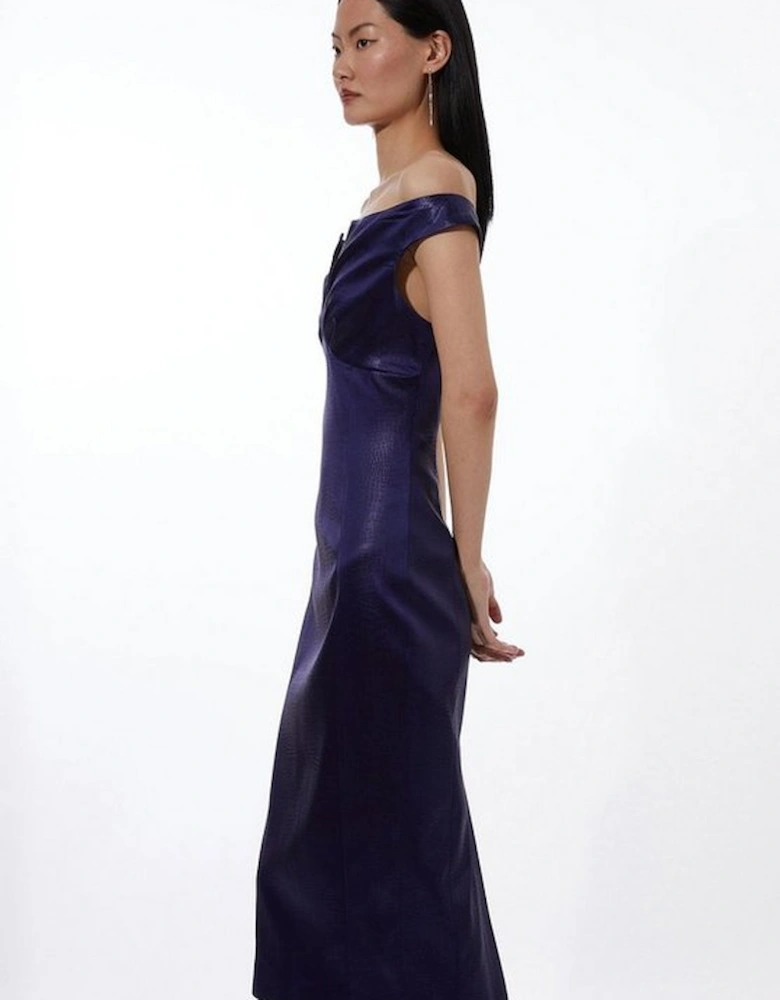 Italian Texture Satin Tailored Off Shoulder Panel Midi Dress
