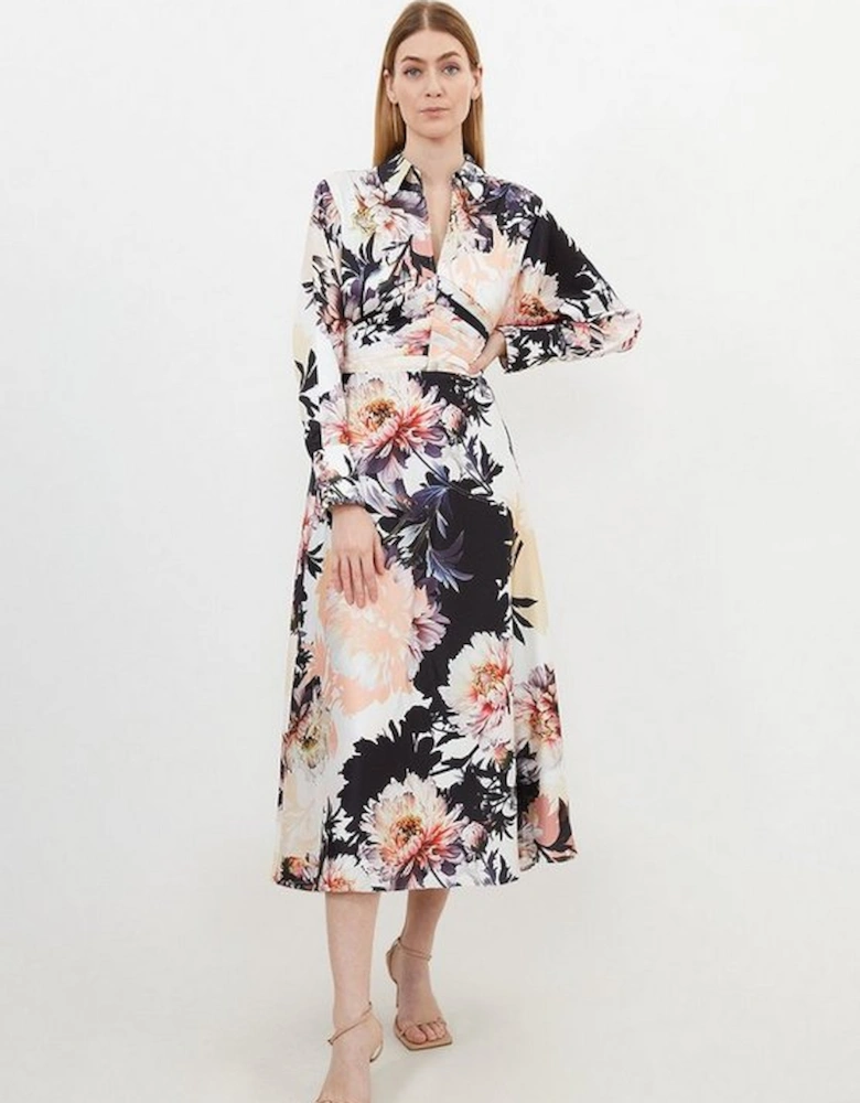 Satin Floral Print Collared Woven Midi Dress