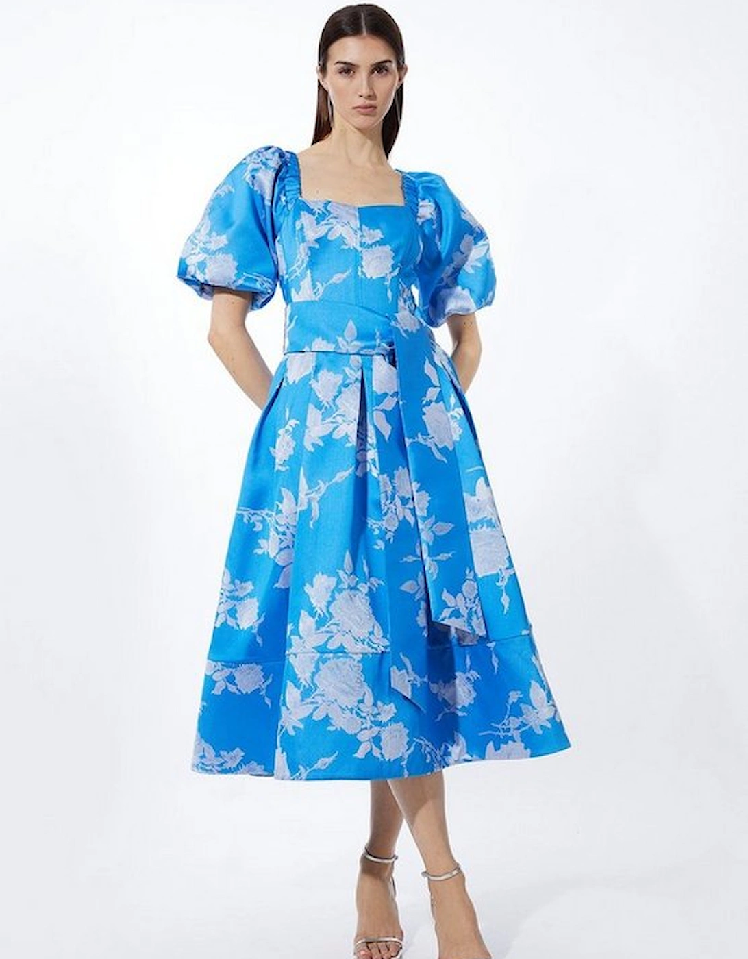 Jacquard Puff Sleeve Belted Woven Dress, 5 of 4
