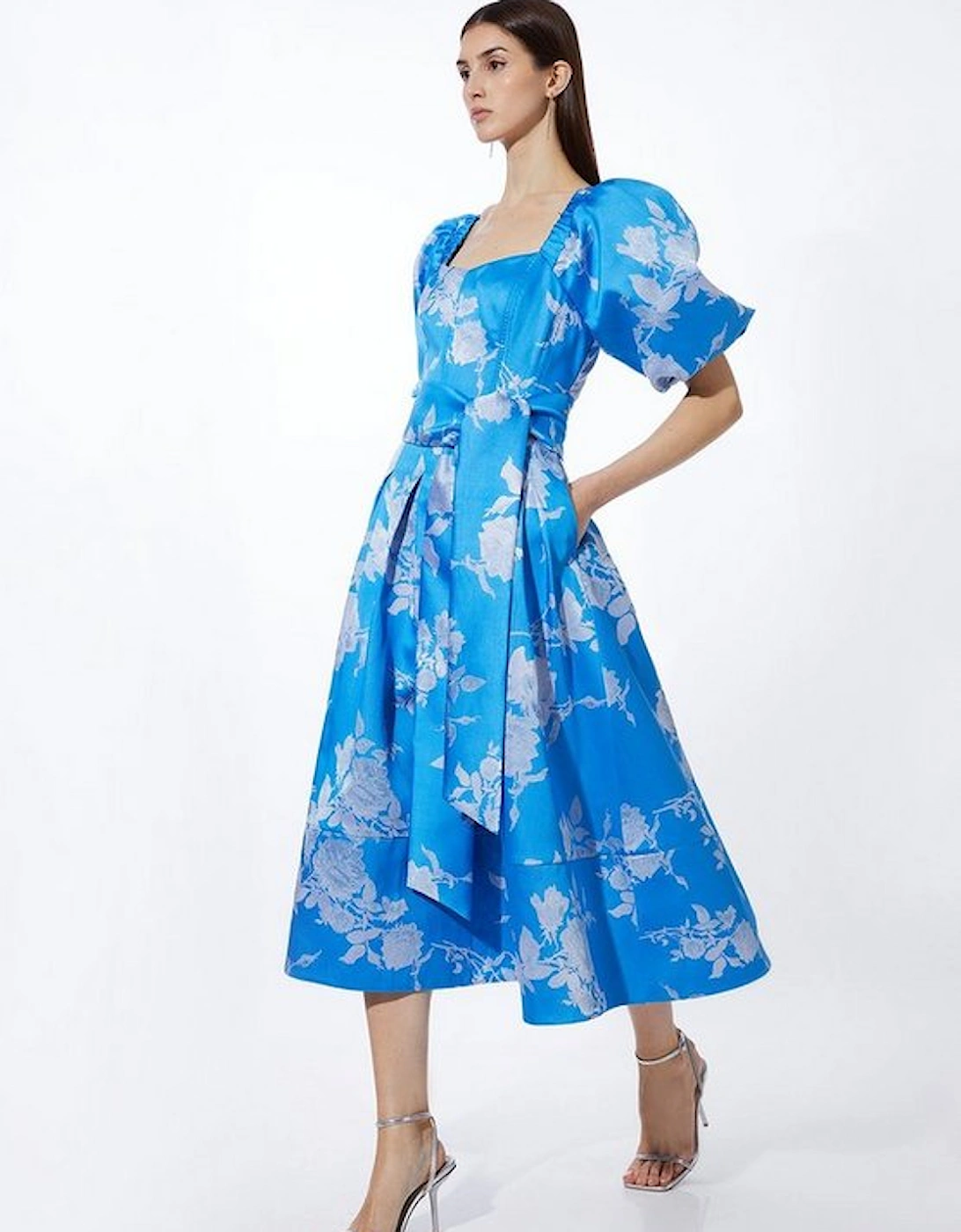 Jacquard Puff Sleeve Belted Woven Dress