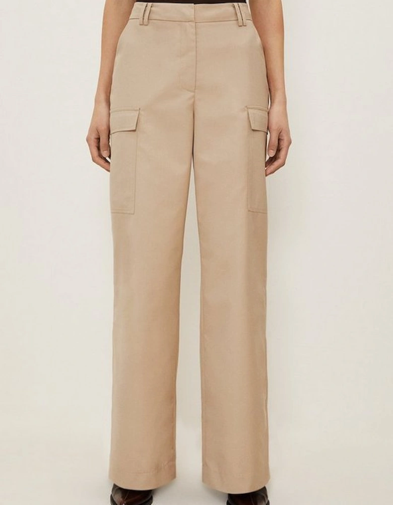 Twill Canvas Cargo Pockets Wide Leg Tailored Trousers