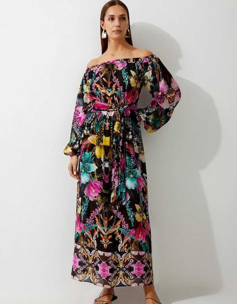 Mirrored Tropical Viscose Georgette Bardot Beach Maxi Dress