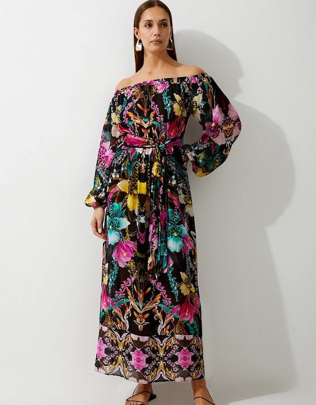 Mirrored Tropical Viscose Georgette Bardot Beach Maxi Dress, 5 of 4