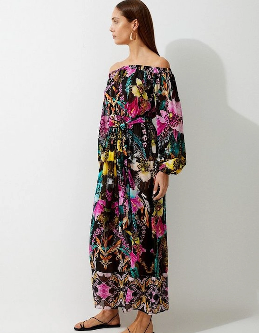 Mirrored Tropical Viscose Georgette Bardot Beach Maxi Dress