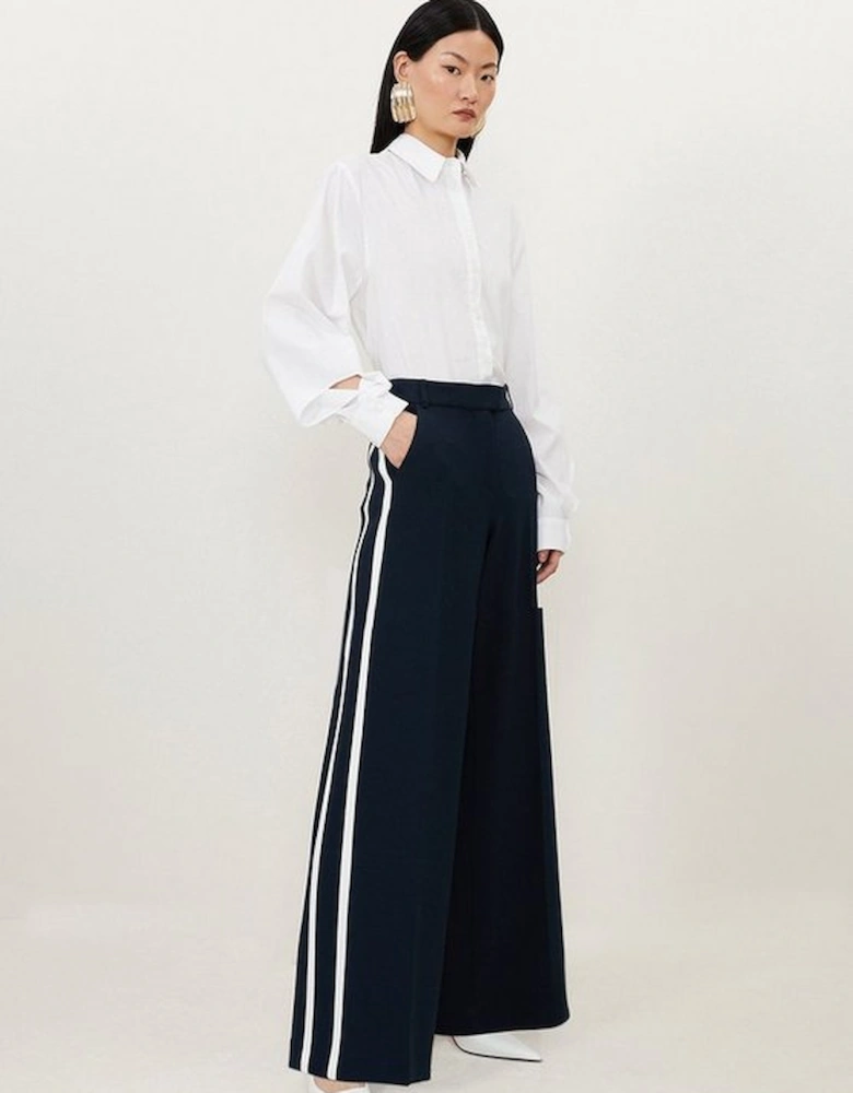 Compact Stretch Wide Leg Tipped Tailored Trousers