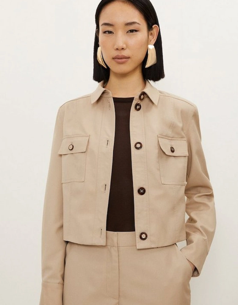 Twill Canvas Front Pocket Tailored Cropped Jacket