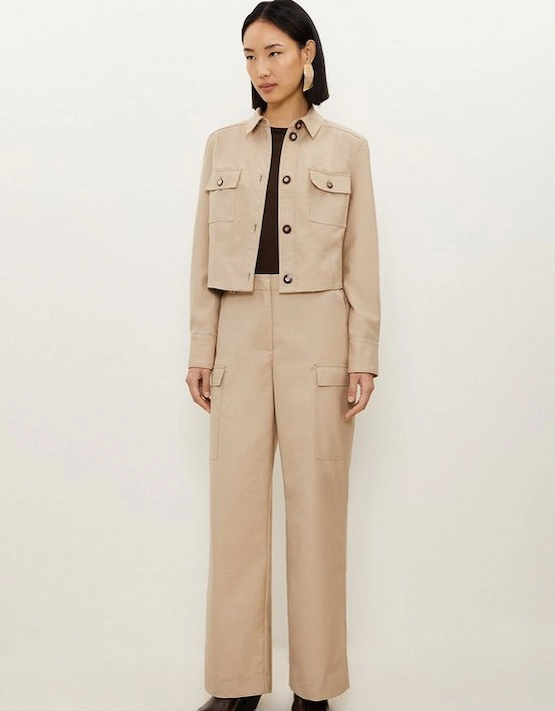 Twill Canvas Front Pocket Tailored Cropped Jacket