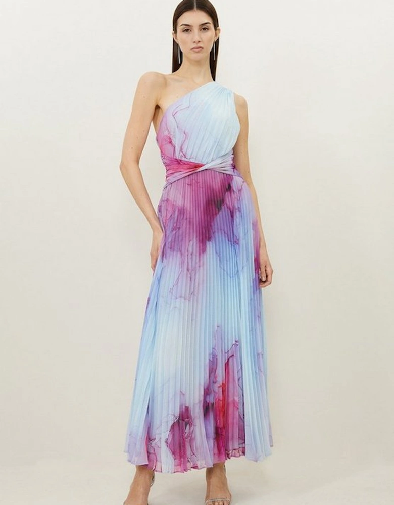 Marble Printed Soft Pleated One Shoulder Maxi Dress