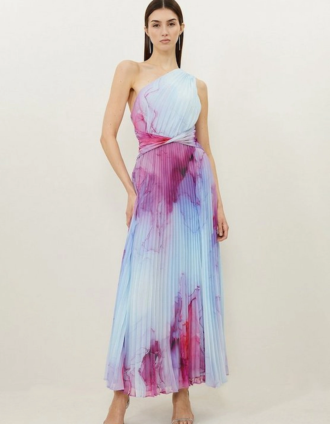 Marble Printed Soft Pleated One Shoulder Maxi Dress, 5 of 4