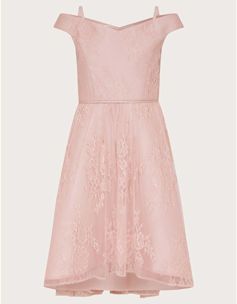 Girls Lace Bardot Dress - Dusky Pink
