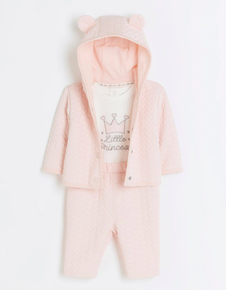 Baby Girls Heart Quilted 3 Piece Set - Pink