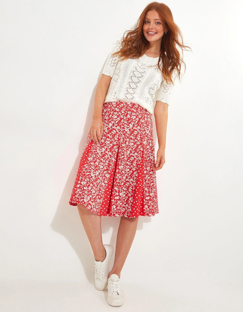 Floral Pleated Jersey Skirt - Red