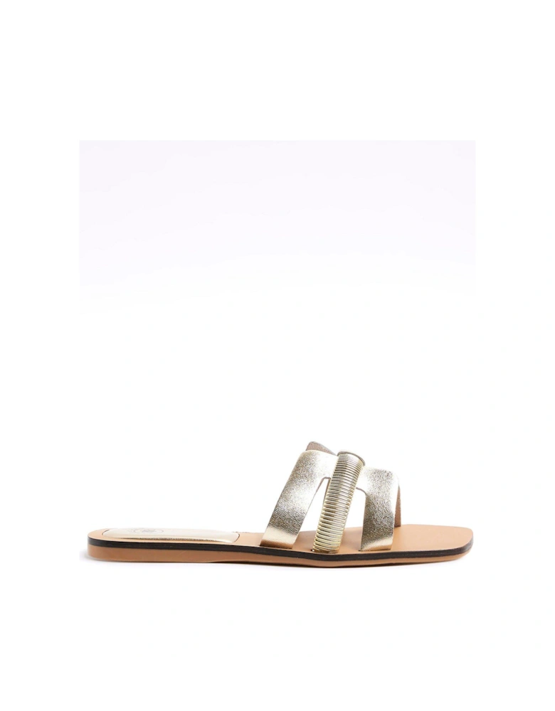 Cut Out Strap Leather Sandals - Gold